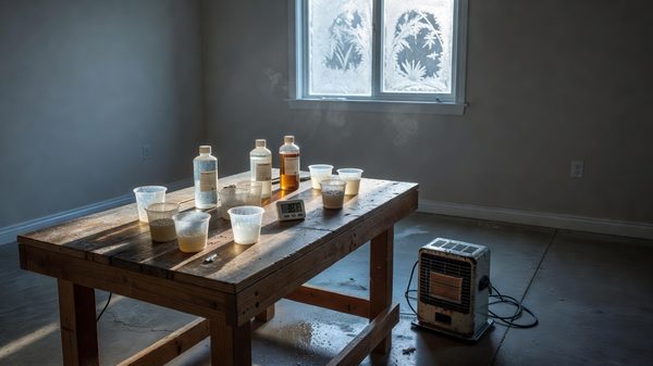 A garage workbench with casting supplies, a thermometer and a small space heater on a cold morning