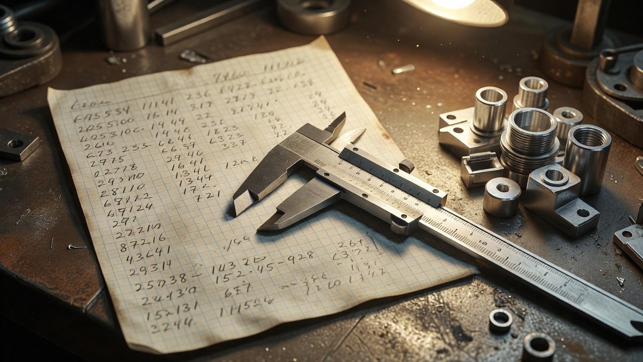 Hand-written cost tally on graph paper beside a caliper and a small stack of machined parts