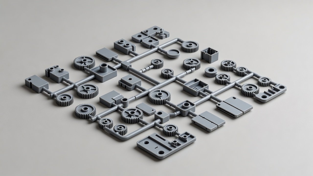 Abstract arrangement of injection-moulded plastic parts still attached to sprues, studio lighting