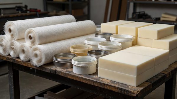 Workshop table showing fiberglass cloth rolls, resin containers, and rigid foam blocks side by side for prop fabrication comparison