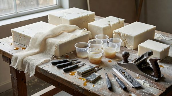 Fiberglass cloth and foam blocks laid out on a fabrication workbench with resin supplies