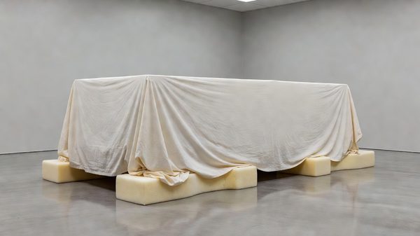 A covered large prop piece in a clean climate-controlled storage room