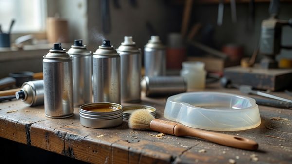 Aerosol release agent cans, a jar of wax and a brush beside a silicone mold on a workbench