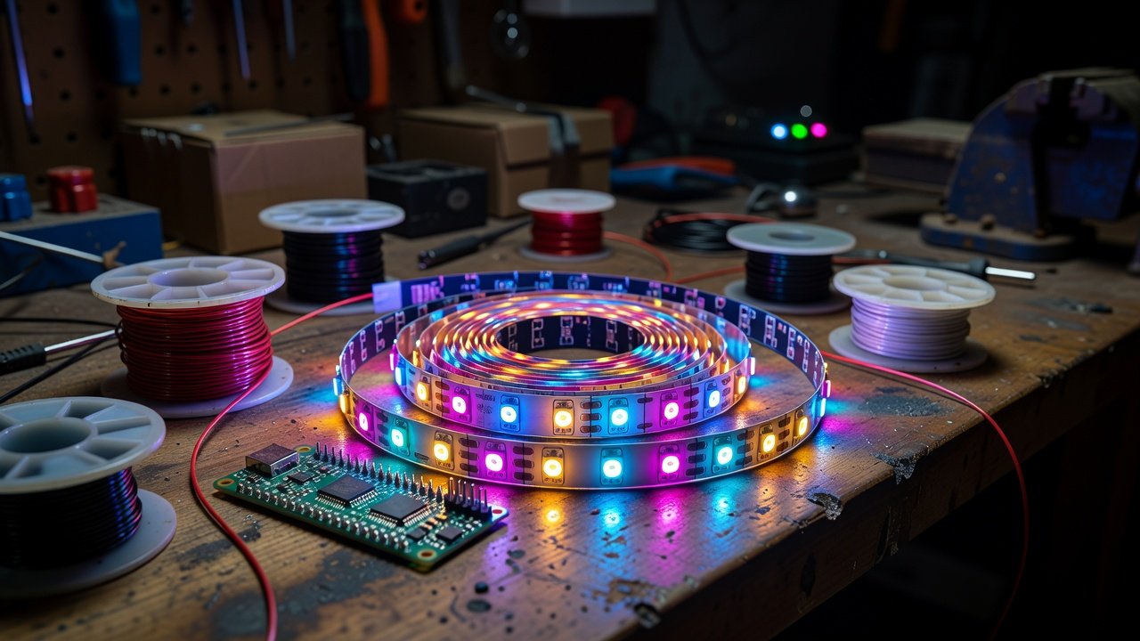 Addressable LED strip coiled on a workbench beside a small controller board