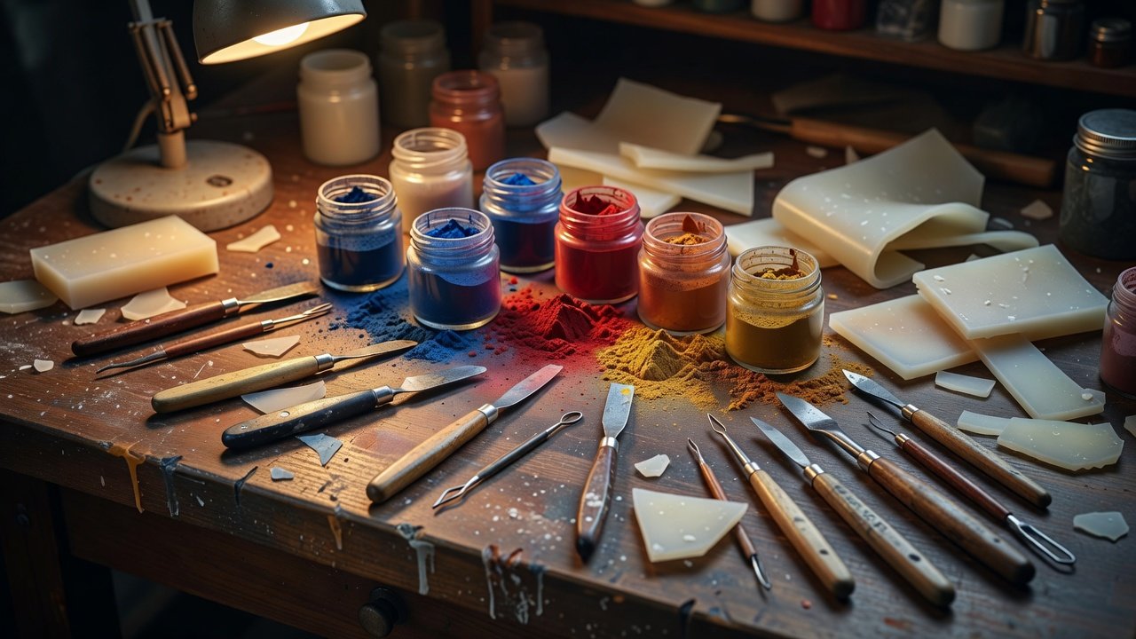 Workbench covered with sculpting tools, pigment jars and silicone offcuts under a task lamp