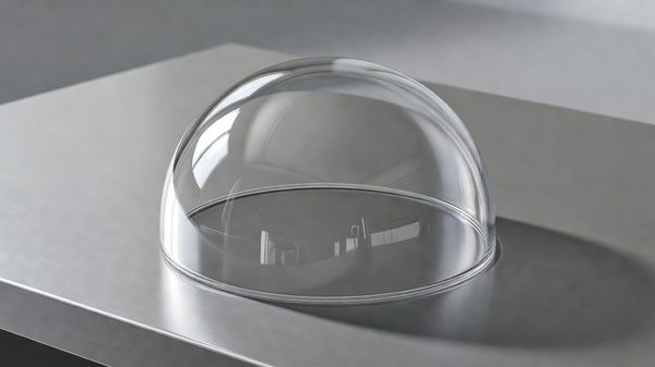 A clear acrylic hemisphere on a workbench under directional light