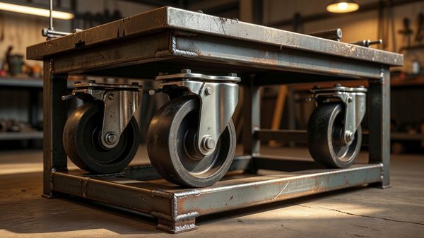Close-up of industrial swivel casters and steel tread base frame components laid out on a workshop workbench ready for assembly